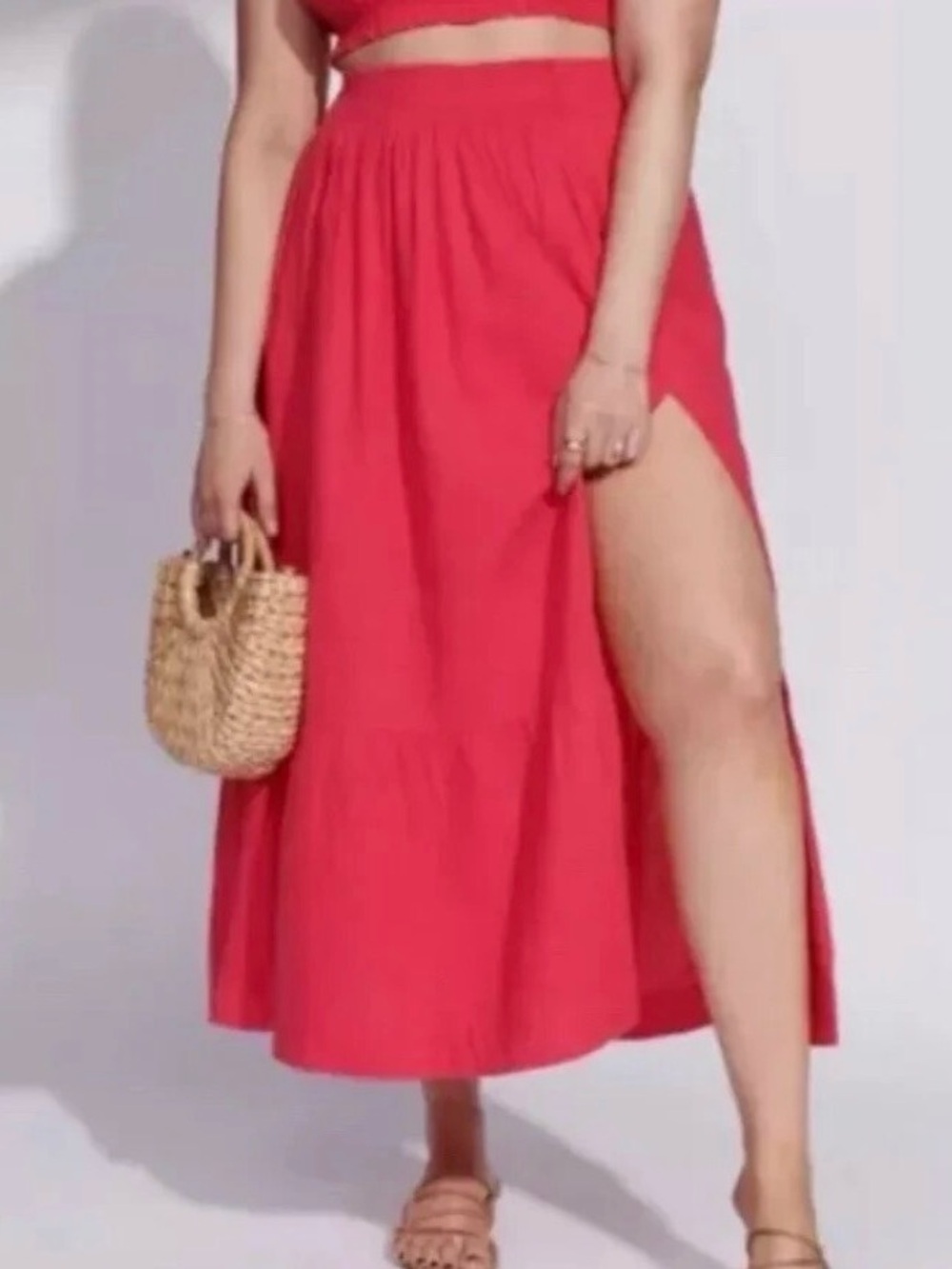 Abercrombie & Fitch Coral Red Tiered Midi Skirt with Side Slit